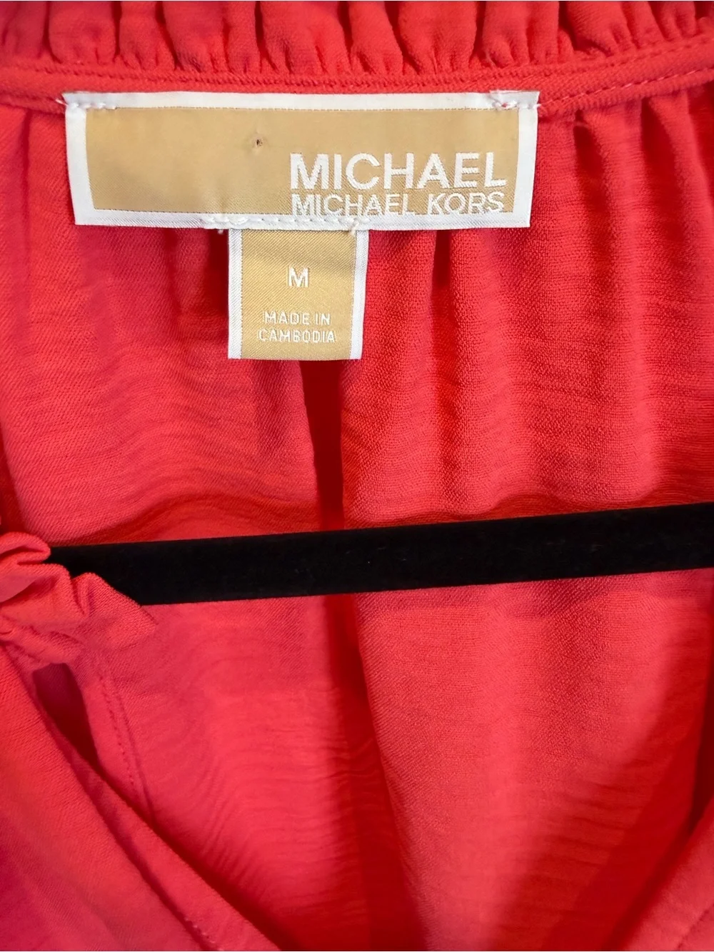 Michael Kors Coral Red Ruffled V-Neck Short Sleeve Blouse
